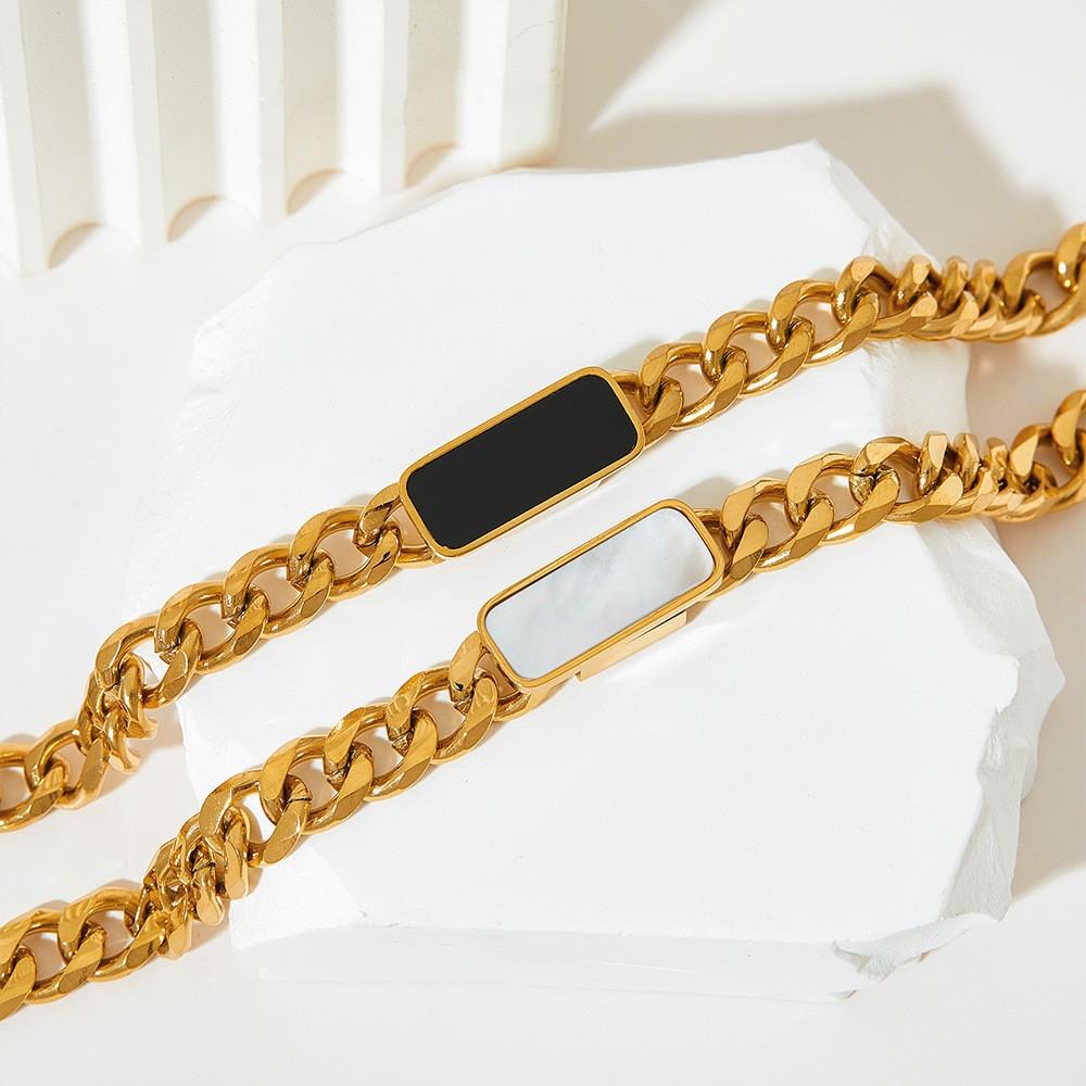 Stainless Steel Chunky Chain Necklace with Black Square Pendant, Tarnish Free Statement Hop Jewelry for Women