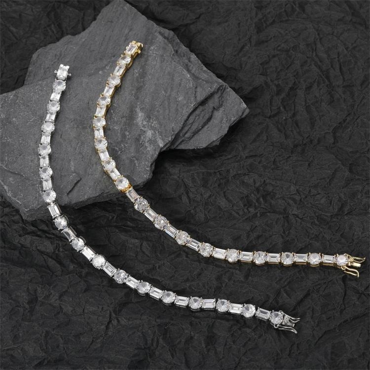Real Gold Color Brass and square and Round Zircon Mixed 6mm Single Row Tennis Bracelet