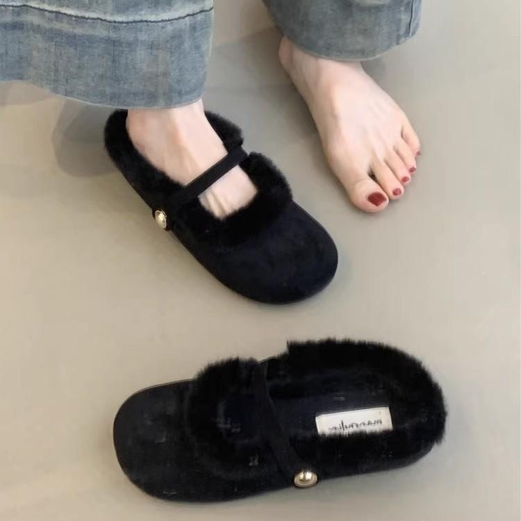 2025 new French temperament elegant leopard print one word velvet bag head half slippers gentle fairy fluffy shoes woman