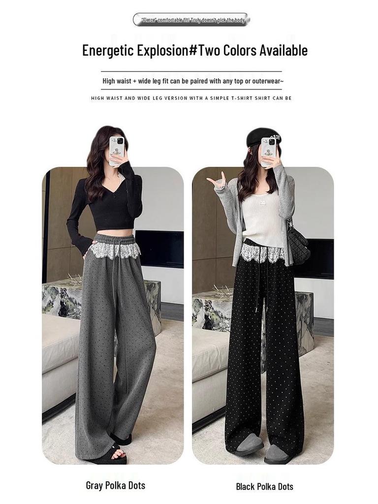 Black Polka Dot High Waist Lace Trim Wide Leg Sporty Pants for Women - Slimming, Casual, Spring/Autumn 2025