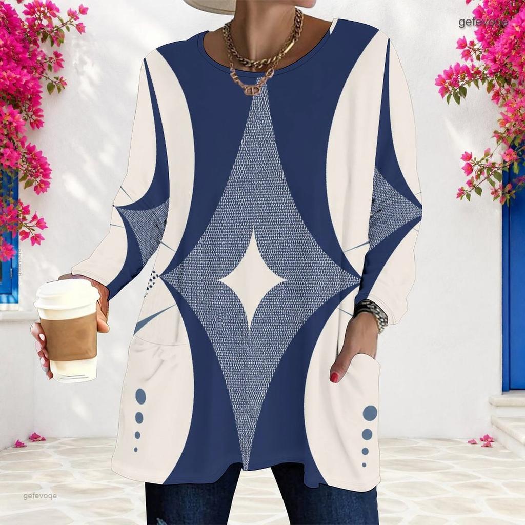 Women Plus Size Round Neck Long Sleeve Geometric Printed Loose Longline T Shirt With Pockets