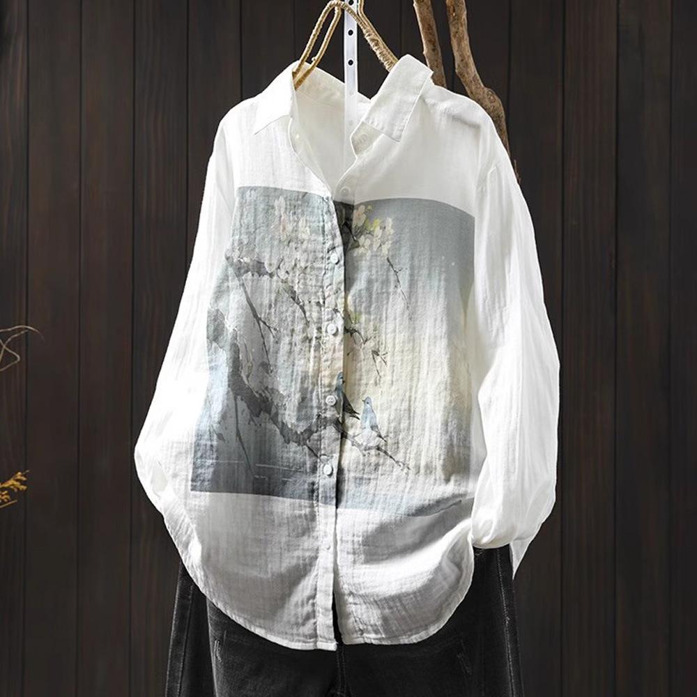 Spring Autumn White Top Double Layered Cotton Yarn Shirts Women Lapel Collar Long Sleeve Printed Blouses