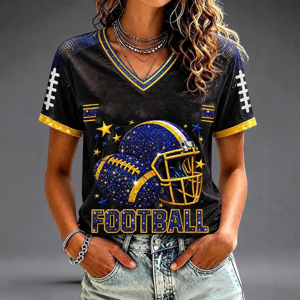Casual V-hals T-shirt met korte raglanmouwen en rugbyprint voor dames