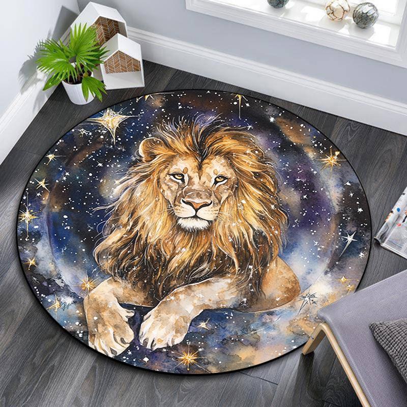 Lion Waves Stars Round Area Rug,Carpet Rug for Living Room Bedroom Sofa Playroom Decor,Non-slip Floor Mat