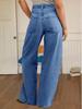Damen High Waist Baggy Weite Beine Jeans Kordelzug Boyfriend Denim Hose