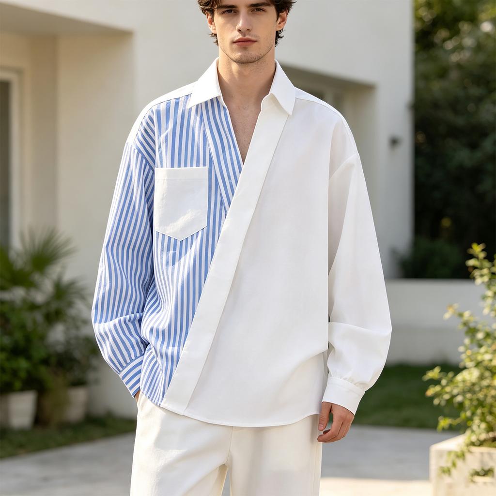 Men's Plus Size Loose Fit Striped Patchwork Asymmetric Casual Shirt for Spring and Fall