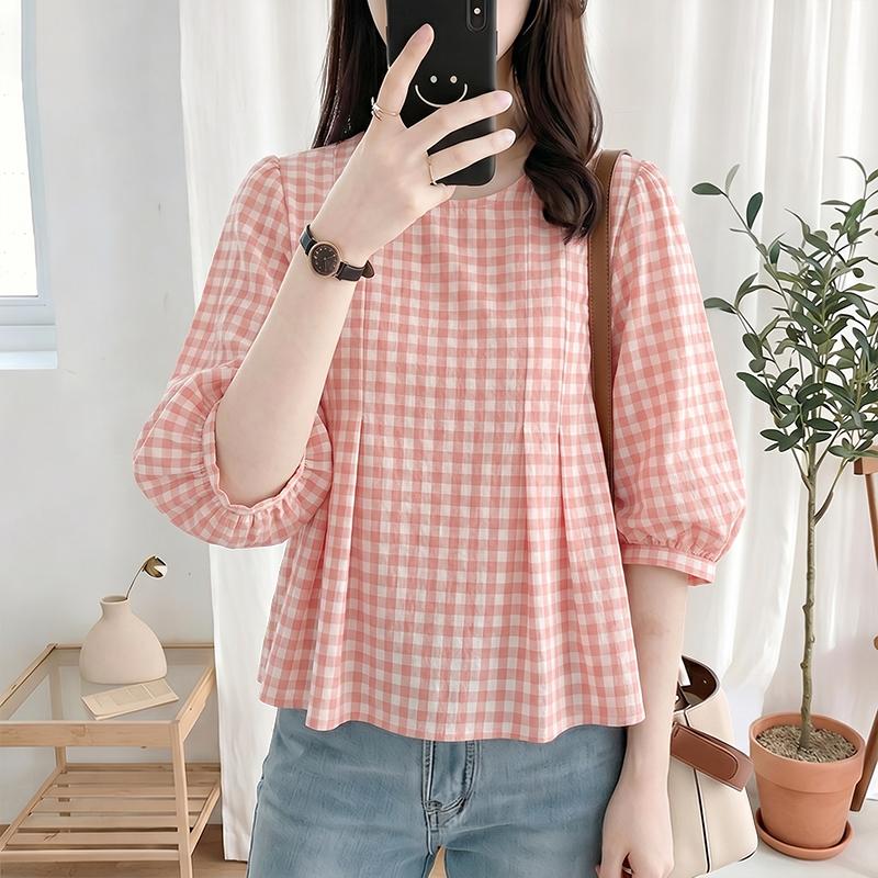 ZANZEA Women Grid Print Casual Round Neck 3/4 Sleeve Blouse