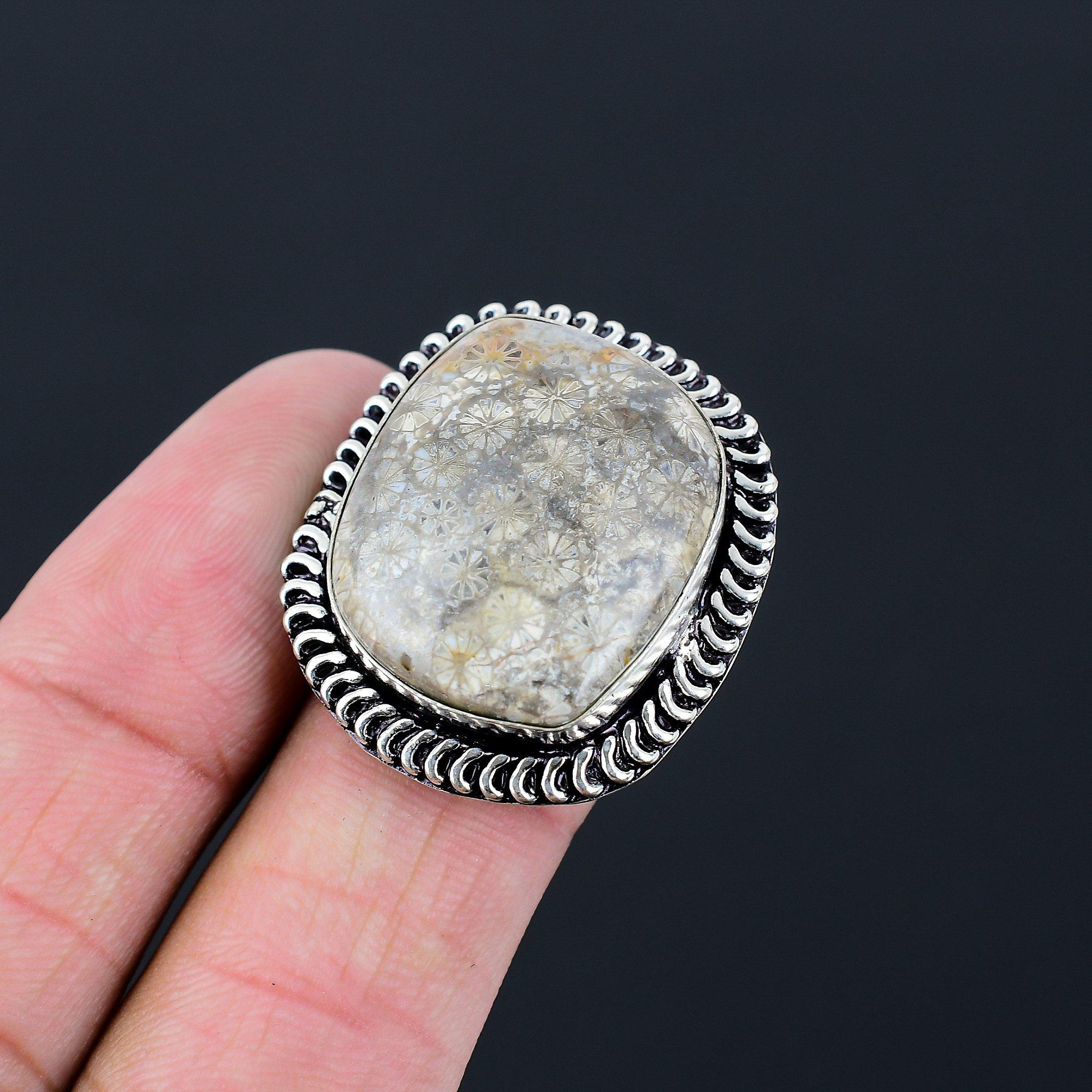 Sisters Day Sale Fossil Coral Stone Mother Ring Jewelry 925 Sterling Silver US 8 8