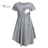 Summer Mother Breastfeeding Dress Openable Front Striped Round Neck Irregular Hem Short Sleeve Pregnant Women Nightdress Midi Dress