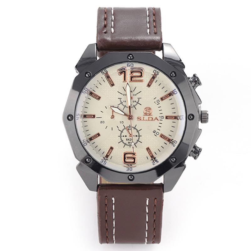 Men's Korean Style Casual Leather Strap Quartz Watch with Big Dial and Unique Design