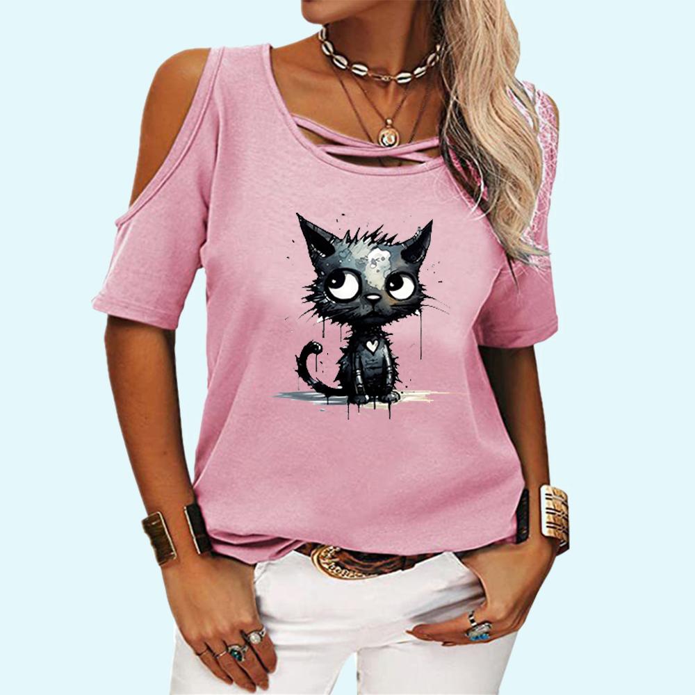 Women Fashion Off Shoulder Top Casual O Neck Summer Tee Shirt Print Loose Short Sleeve T-shirt