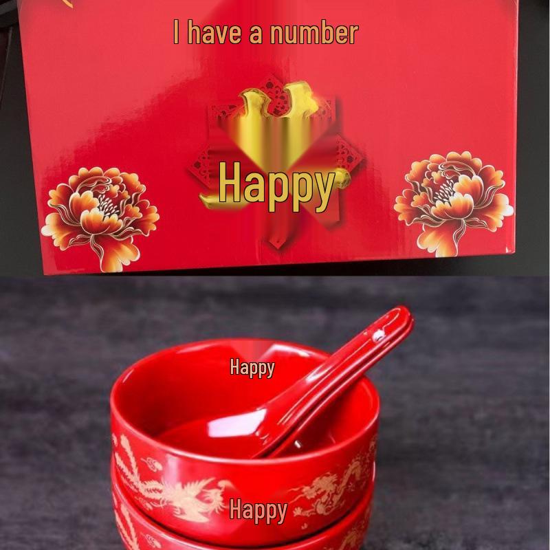 Festive Newlywed Ceramic Bowl & Chopstick Set: Happy Bowls & Red Soup Spoon for Wedding Banquet Tableware