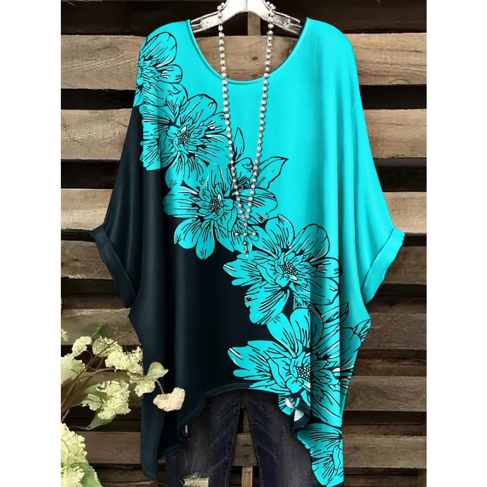 Damen Sommer Böhmisches T-Shirt mit Blumendruck Vintage Helllila Y2k Grafik Rundhals Kleidung Elegant Frau Kurzarm Top