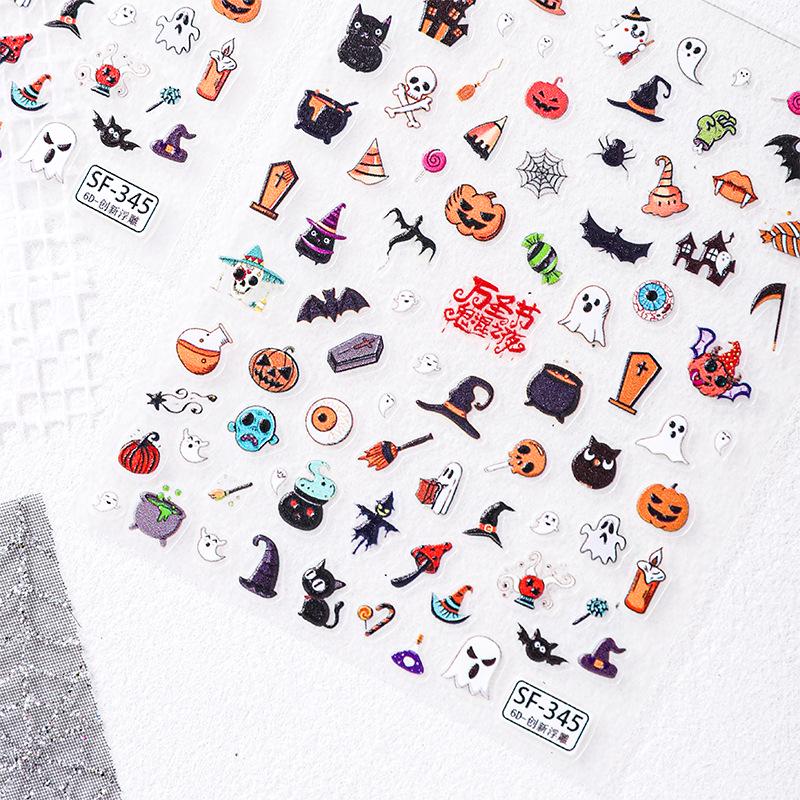 6D Embossed Halloween Pumpkin & Ghost Nail Stickers - Cartoon Funny Skull Design