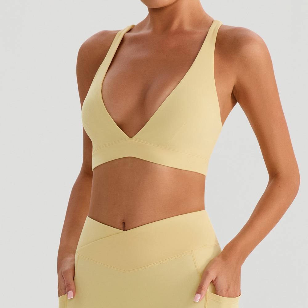 

Deep V outer nude running sports bra fashion cross beautiful back shock-proof gathering yoga clothes underwear women XL/10 жовтий
