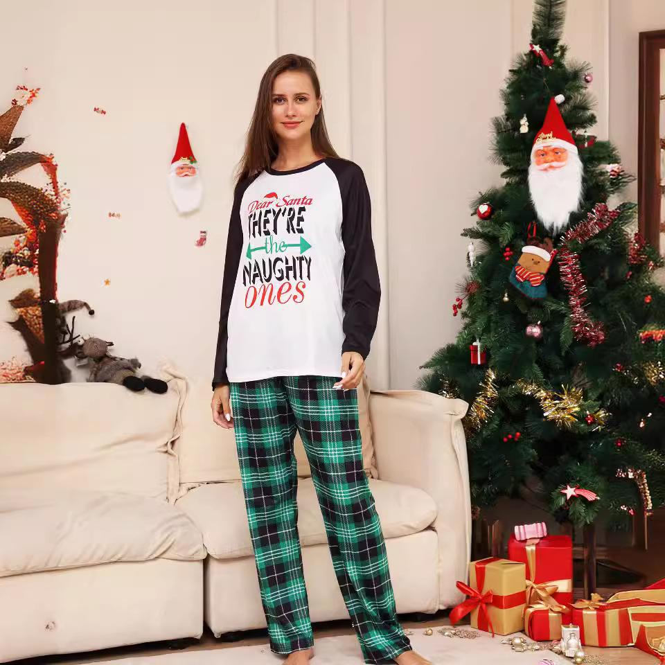 European and American new plaid alphabet cartoons, Christmas parent-child clothing, printed loungewear pajamas