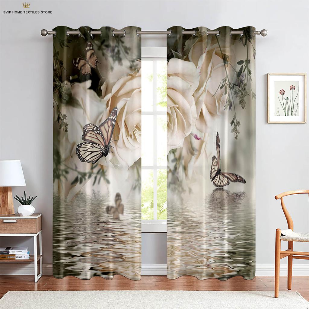 3D Printing Polyester Decorative Curtain, Floral Butterfly On Water, Machine Washable, Bedroom, Living Room, Kitchen, 2Pcs