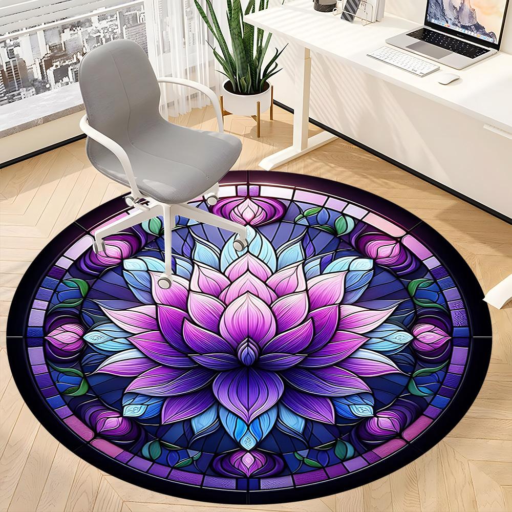 1pc Lotus StainedGlass Office Round Area Rug, Under Office Chairs Bedroom Living Room Home Decor, Room Deco