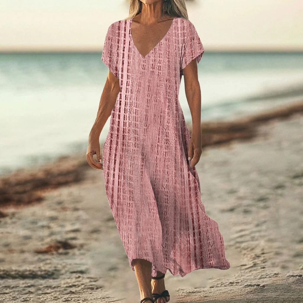 Fashion Women's Summer V-Neck Short Sleeve Vintage Floral Print Beach Dress