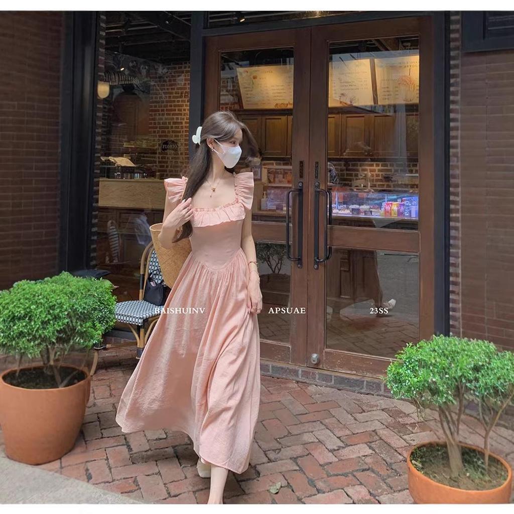 Women's Sweet Pink Ruffle Sleeve Square Neck Cinched Waist Long Dress - Summer 2026