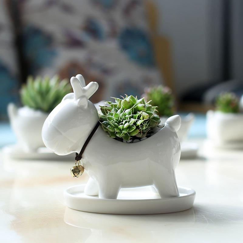 European-Style Ceramic Succulent Flower Pot, Creative Office Desktop Christmas Elk Green Plants Animal Potted Plants