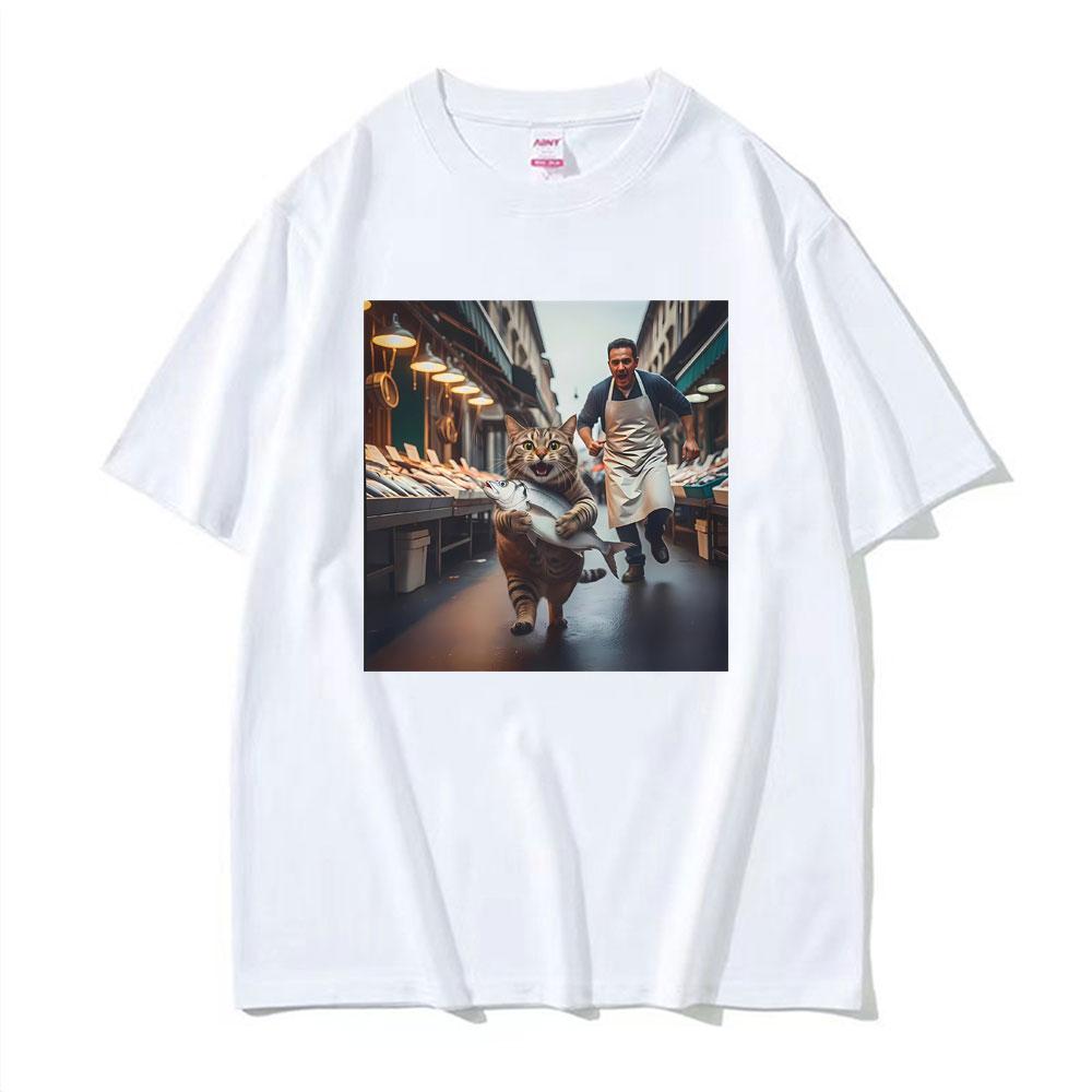Funny Cat Stealing Fish Print Tshirts Unisex Women Clothing Vintage Casual Oversized High Quality T Shirt Short Sleeves Summer Tee