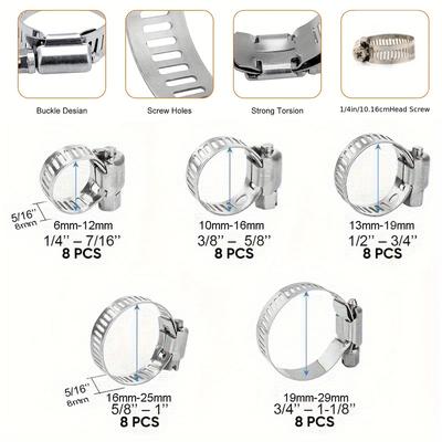 40pcs Hose Clamp Set, 1/4" - 1-1/8" (6-29mm), 304 Stainless Steel Worm Gear Hose Clamps, For Pipe, Intercooler, Plumbing, Tube A