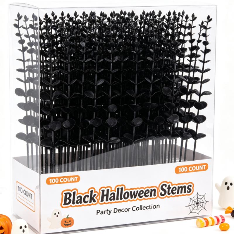 Halloween Schwarze Eukalyptusstiele Künstliche Eukalyptusblätter Vasenarrangement Zweige für Hochzeitsstrauß DIY Heimdekoration