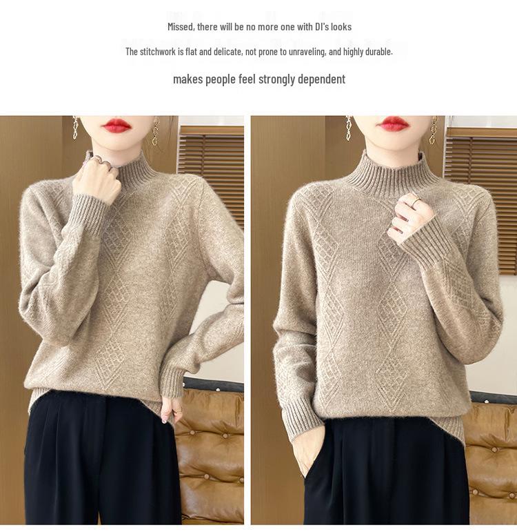 Women's Diamond Pattern Wool Pullover - Semi-High Neck, Thick, Autumn/Winter Knit