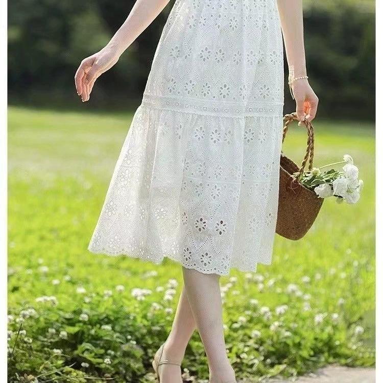 Women's Summer Round Neck Hollow Waist Temperament Long Dress Solid Color Thin Section Elegant French Dresses