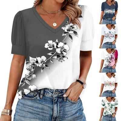 Damenmode Lässig V-Ausschnitt Kurzarm Print Shirt Damen Up Tops