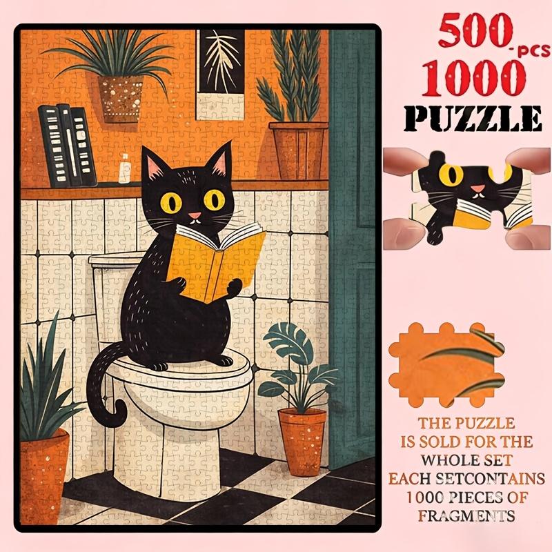 500/1000pcs Puzzle Game (Black Cat Reading on Toilet, Bathroom Greenery Surround) Suitable for Living Room Decoration, Bedroom Arrangement, Gift Packa