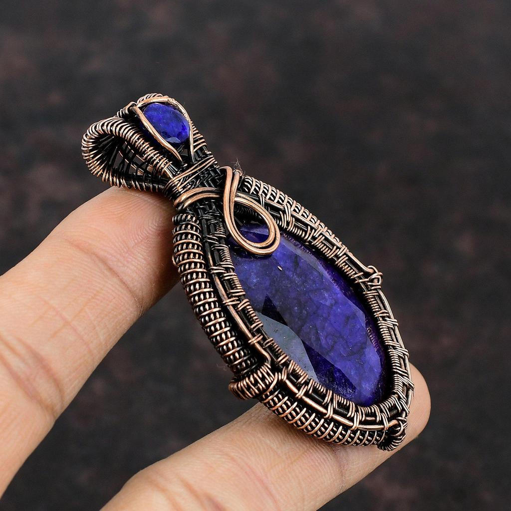 Faceted Blue Sapphire Pendant Copper Wire Wrapped Pendant Gemstone Jewelry Handmade Copper Jewelry Unique Pendant Wire Wrap Jewelry For Gift