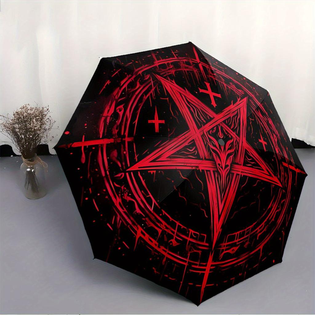 Folding Umbrella The Umbrella Features a Red Pentagram, Circular Geometric Patterns, And a Goat-Like Figure at The Center. Fits Travel, Back