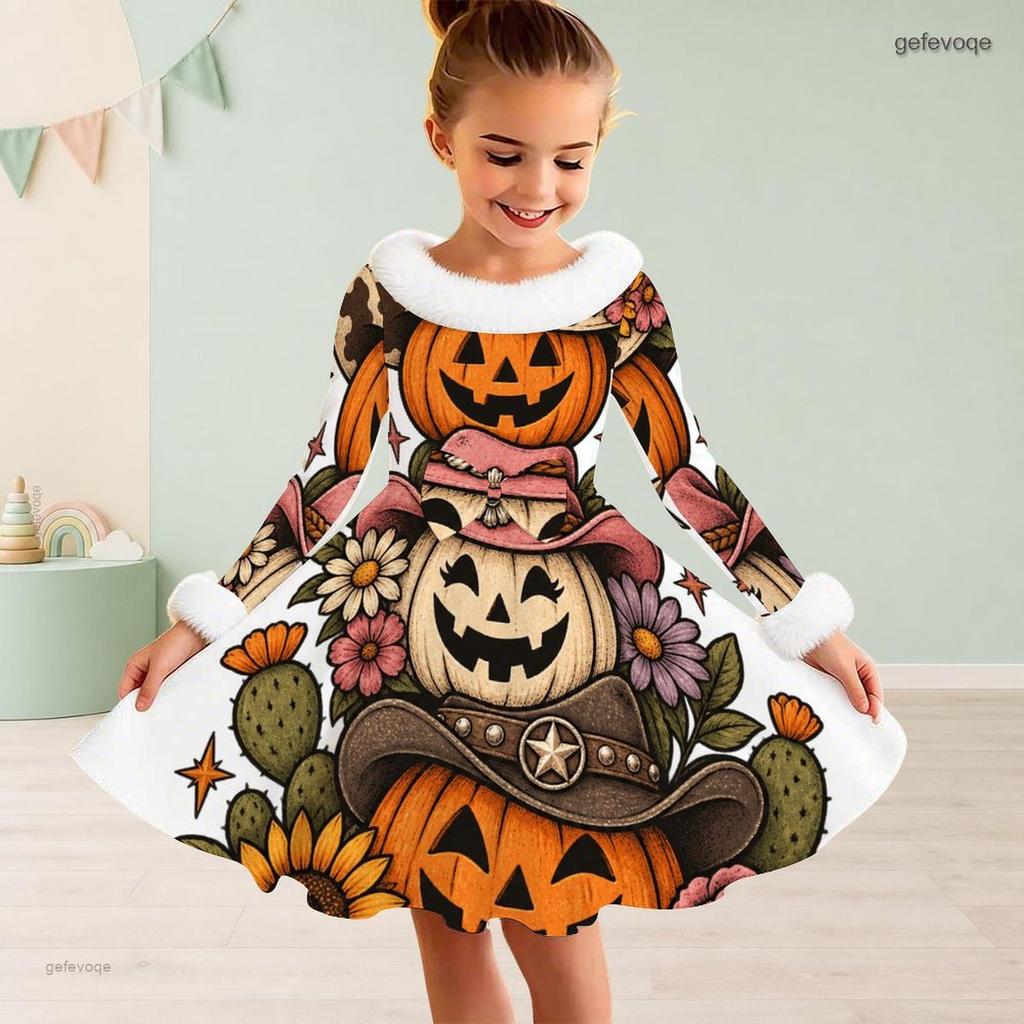 Girls High Neck Long Sleeve Halloween Hedgehog Printed Fluffy Trim Tie Waist A Line Flared Dress