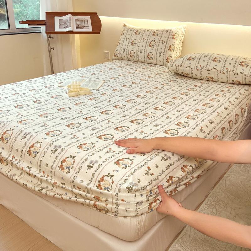 Простыня с эластичным мытым хлопковым голубым цветочным принтом — фото 18