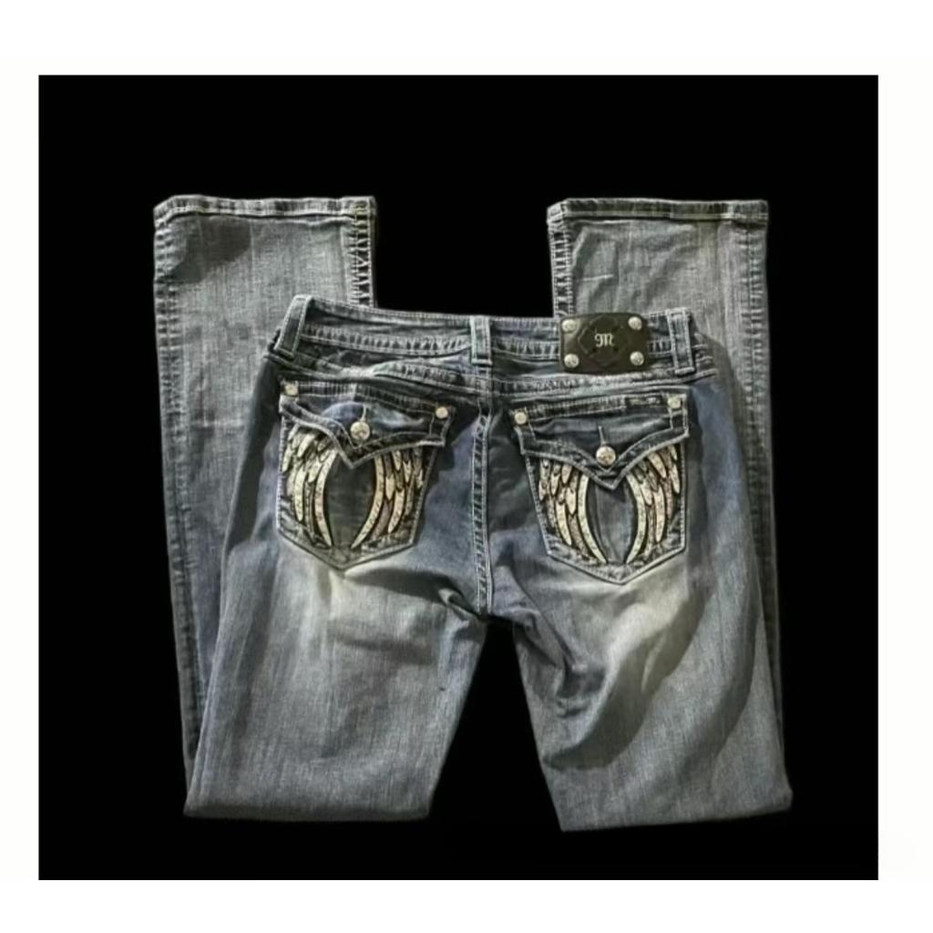 RogueWave American Vintage Y2K Rhinestone Wing Embroidered Jeans Womens Blue Low Rise Flared Denim Pants with Studded Pockets Streetwear