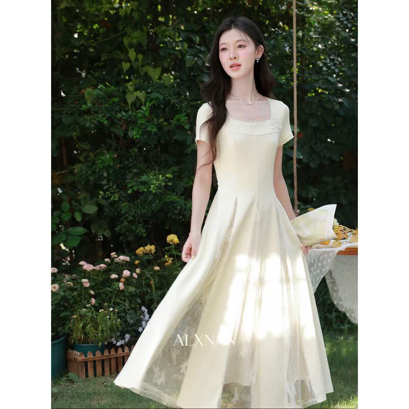 Women s Summer Lace Patchwork Square Neck A-line Dress M