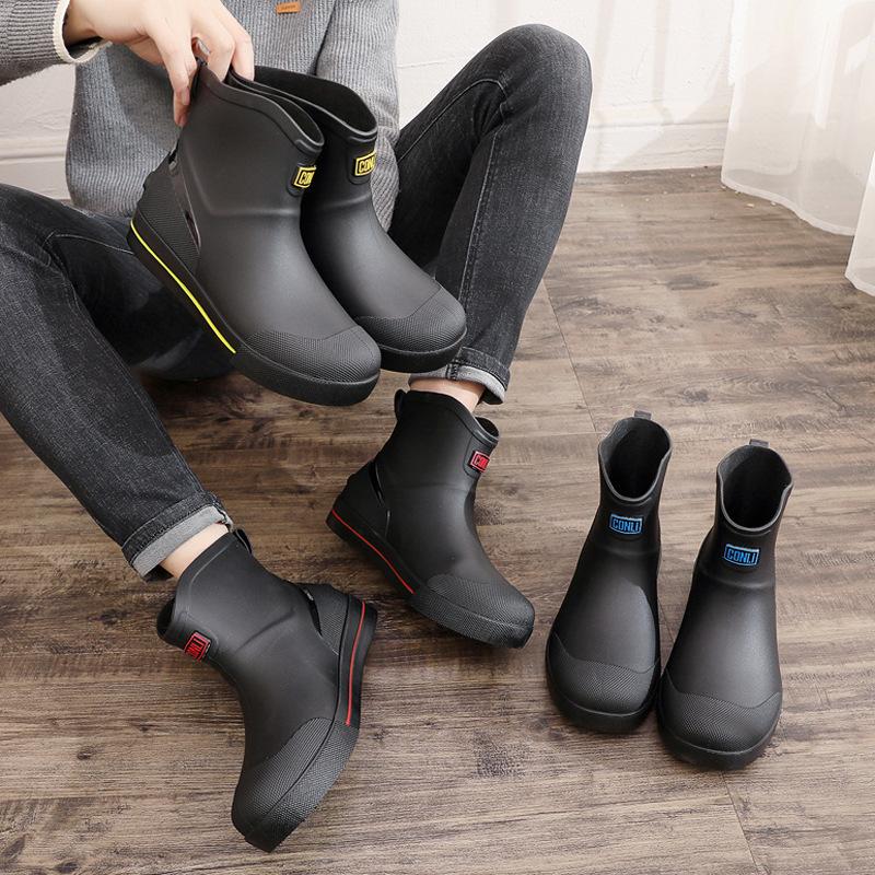 Short tube men's rain shoes non-slip waterproof fashion rain boots fleece warm rubber shoes kitchen work medium tube water shoe cover shoes