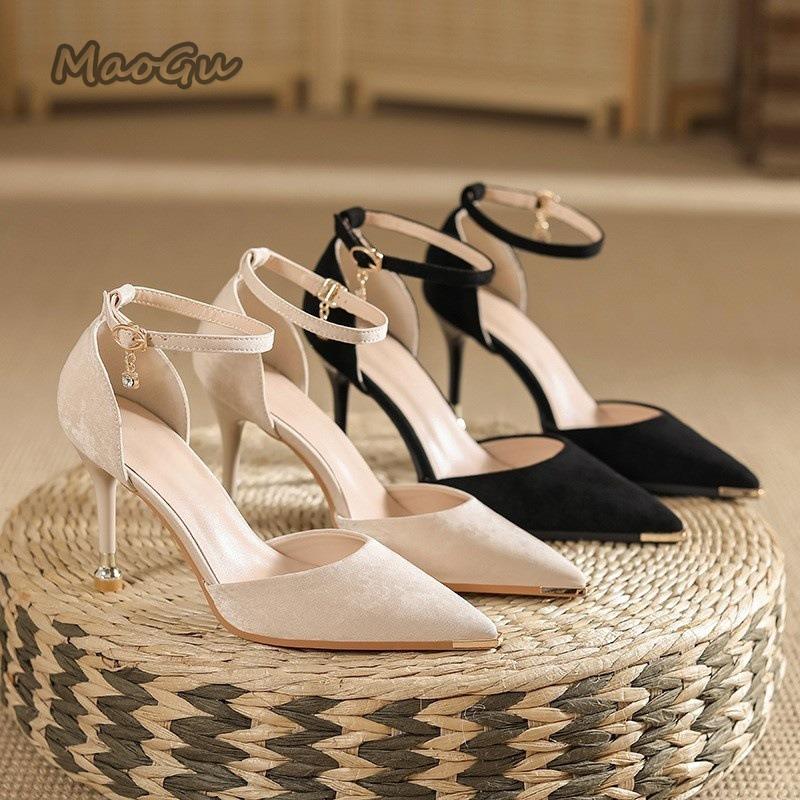 French Elegant High Heel Sandals Suede PU Ankle Strap Thin Heels Pointed Toe Women's Dress Sandals Size 34-40 Sandalias De Mujer