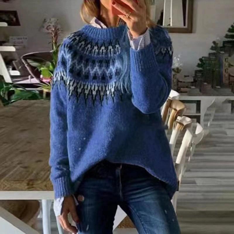 Womens Oversized Round Neck Knit Sweater With Color Block Design Loose Fit Pullover 2025