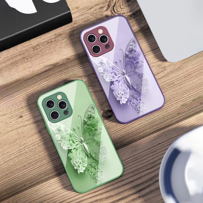 Farfalla Fiore Verde Per iPhone 16 E 15 14 13 Plus 12 mini 11 Pro Max XR Xs Max X 7 8 6 6S 2022 Custodia in Vetro Temperato per Telefono