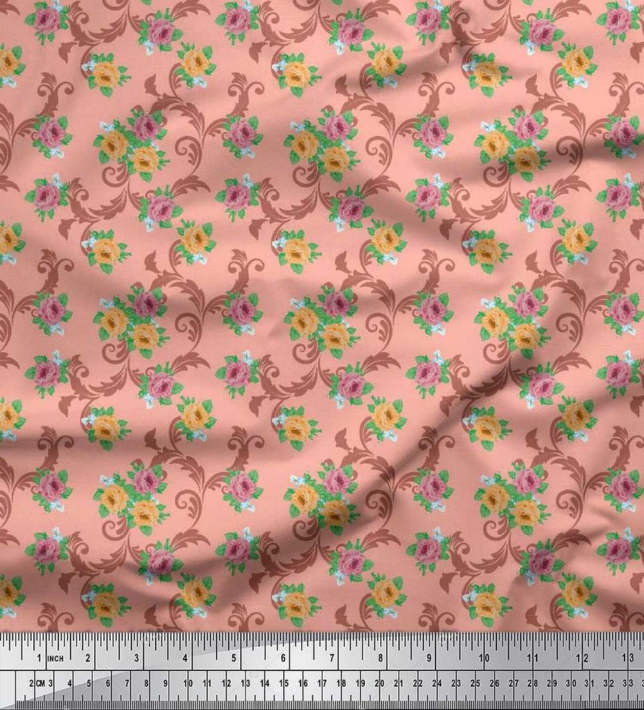 Soimoi Japan Crepe Satin Fabric Swirl,Leaves & Rose Floral Printed Fabric 1 Metre 42 Inch
