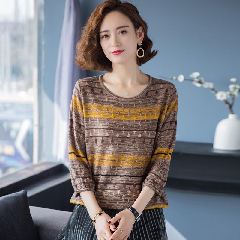 

Весенне-летняя мода мама вязаный свитер женский прямой эфир взрыв круглый вырез свободный рукав три четверти полосатый контрастный футболка топ average size F