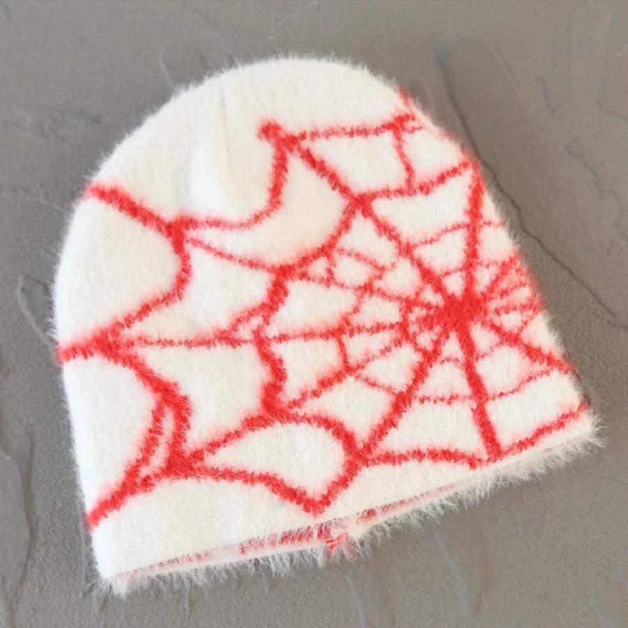 Fashion Plush Knit Spider Web Design Hat For Men Women Pullover Pile Cap Y2K Goth Warm Beanie Hats New Hip-Hop Street Cap
