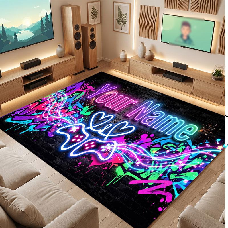 Neon Colorful Theme Crystal Velvet Floor Rug Personalized Custom Name Text Warm Carpet Home Decoration
