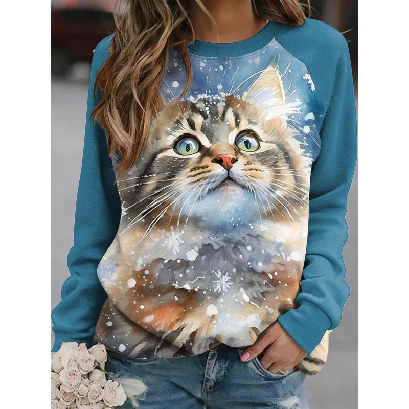 Christmas Women's Sweatshirts Cute Cat Graphic Casual Long Sleeve O-Neck Regular Tops