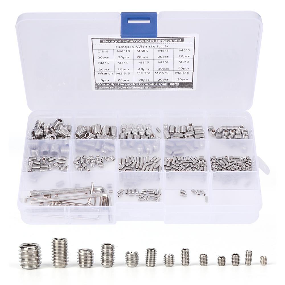 340Pcs Set Screw 304 Stainless Steel End Hex Adapter Machine 6 Wrench Hardware Parts