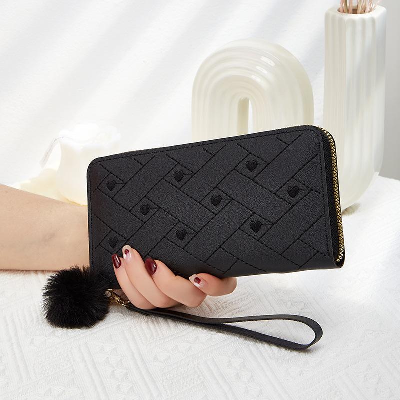 Spring and summer new women's wallet indentation medium and long clutch bag trendy love hairball change mobile phone bag