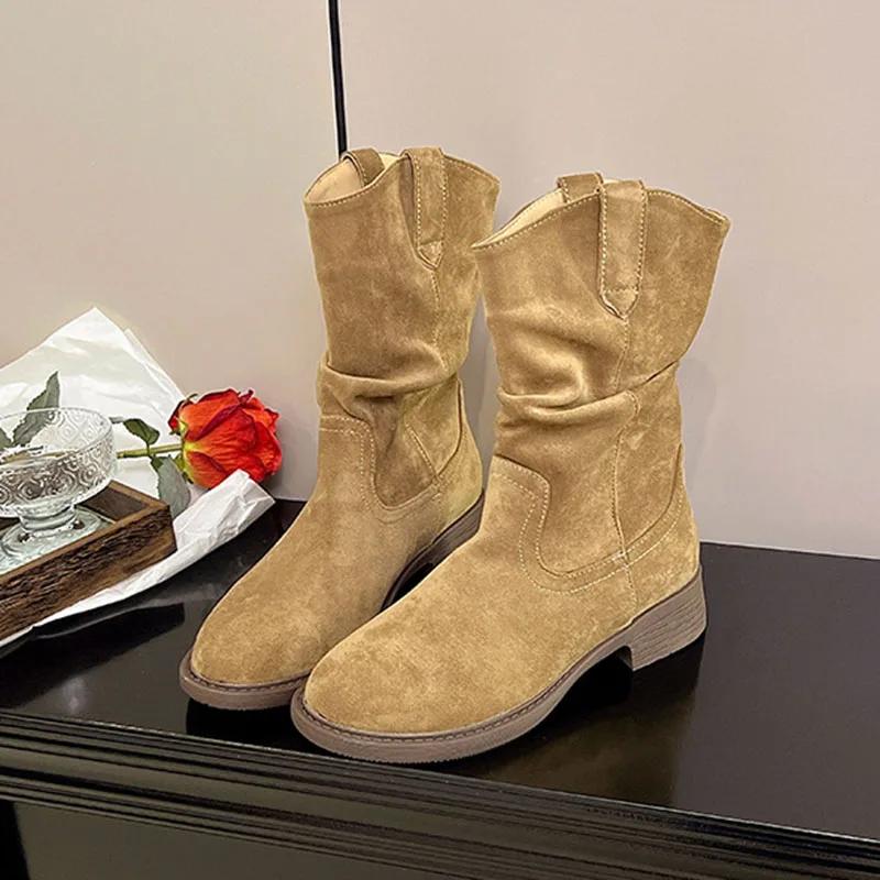 Suede Western Stacked Boots Women Fashion Chunky Heeled Mid-calf Boots Women Spring Autumn Shoes Solid Retro